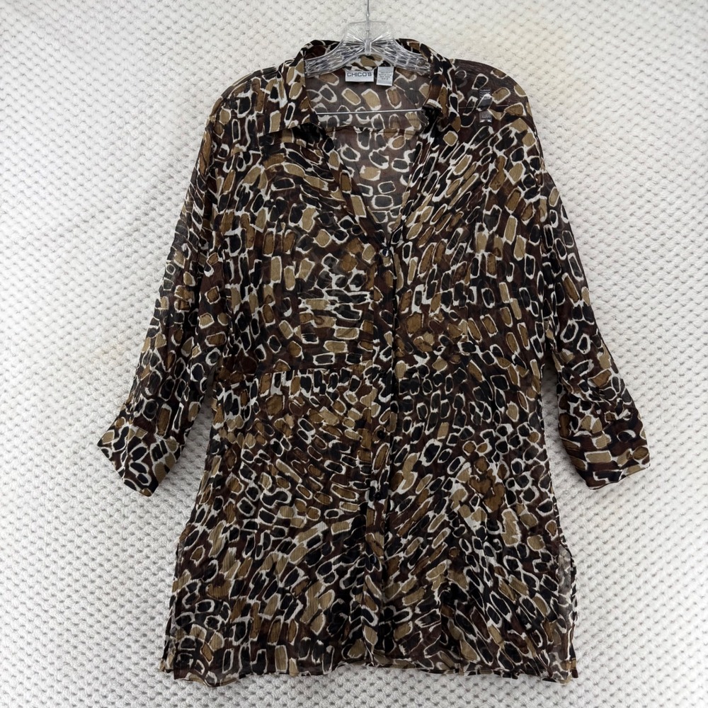 Chico's Women Sheer Animal Print 3/4 Sleeve Silk Button Down Tunic‎ Top Size 2/L